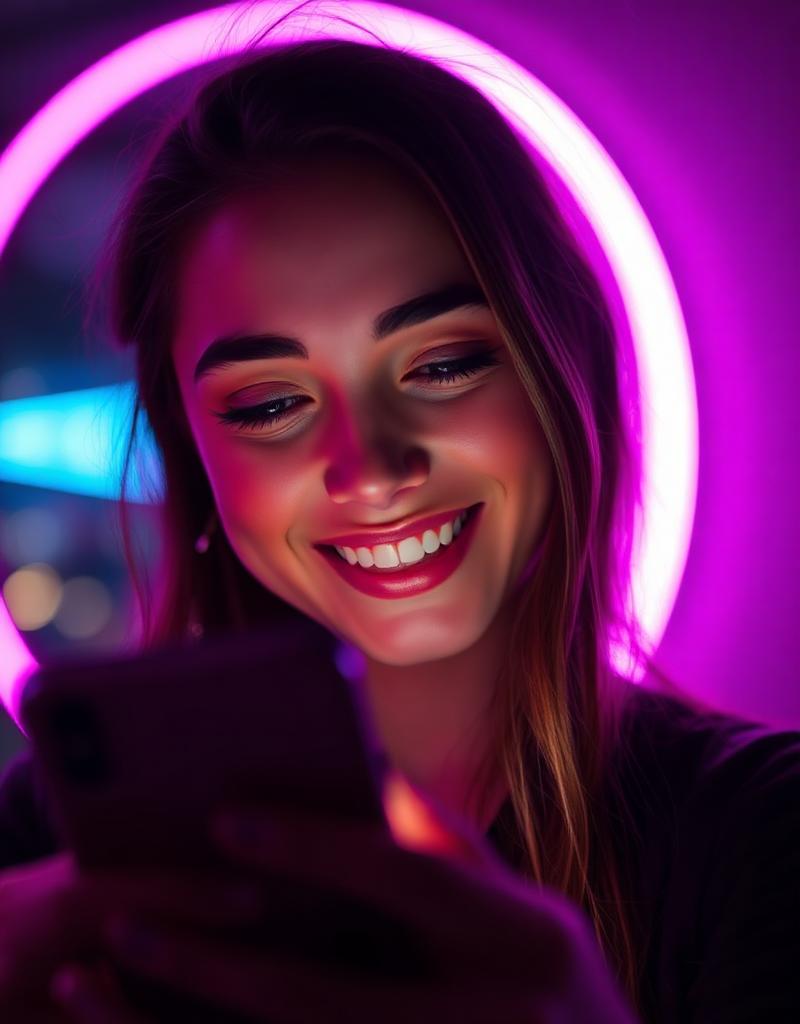 Pessoa sorrindo ao usar o smartphone