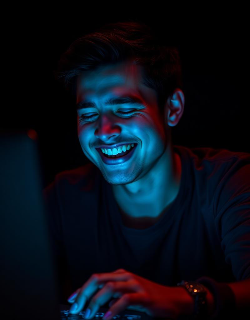 Homem rindo no computador